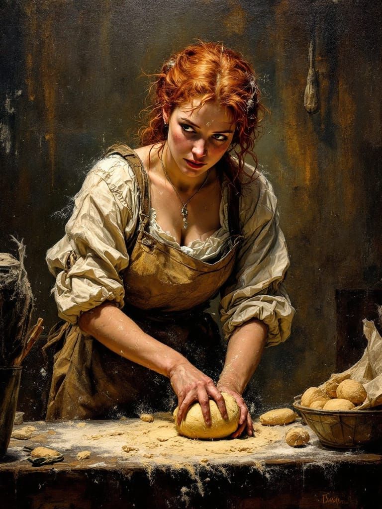 Redhead Baker in Amber Light with Turbulent Brushwork