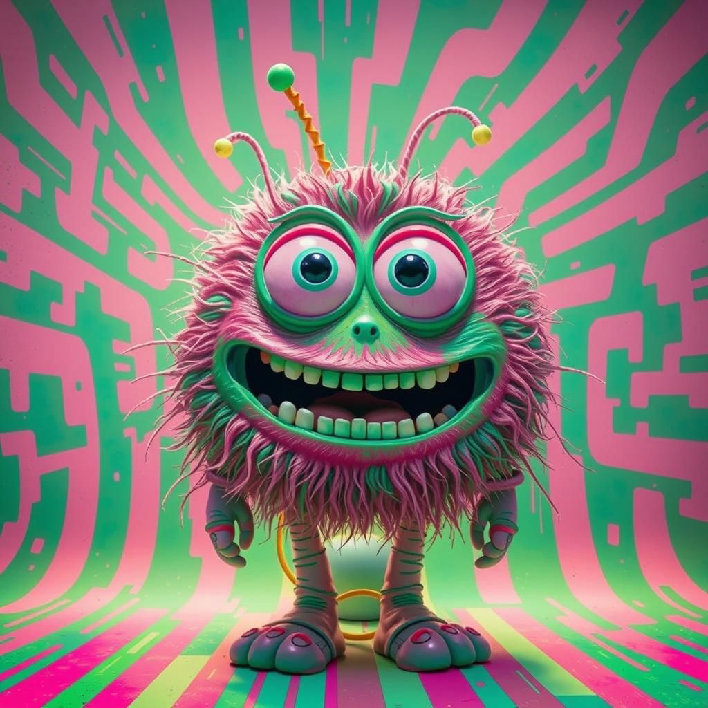 Retro Cartoon Creature in Neon Sci-Fi Scene