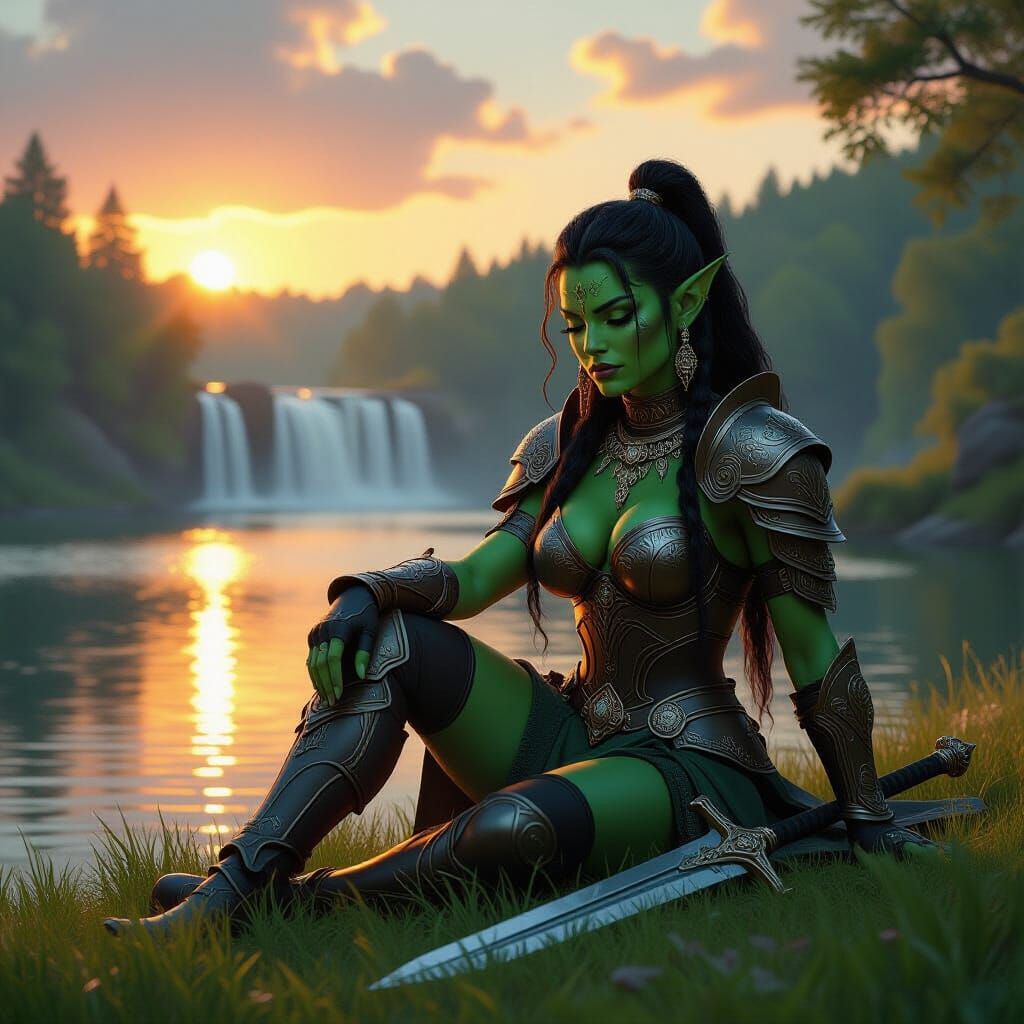 Female Orc Warrior Resting by Enchanted Waterfall at Dusk