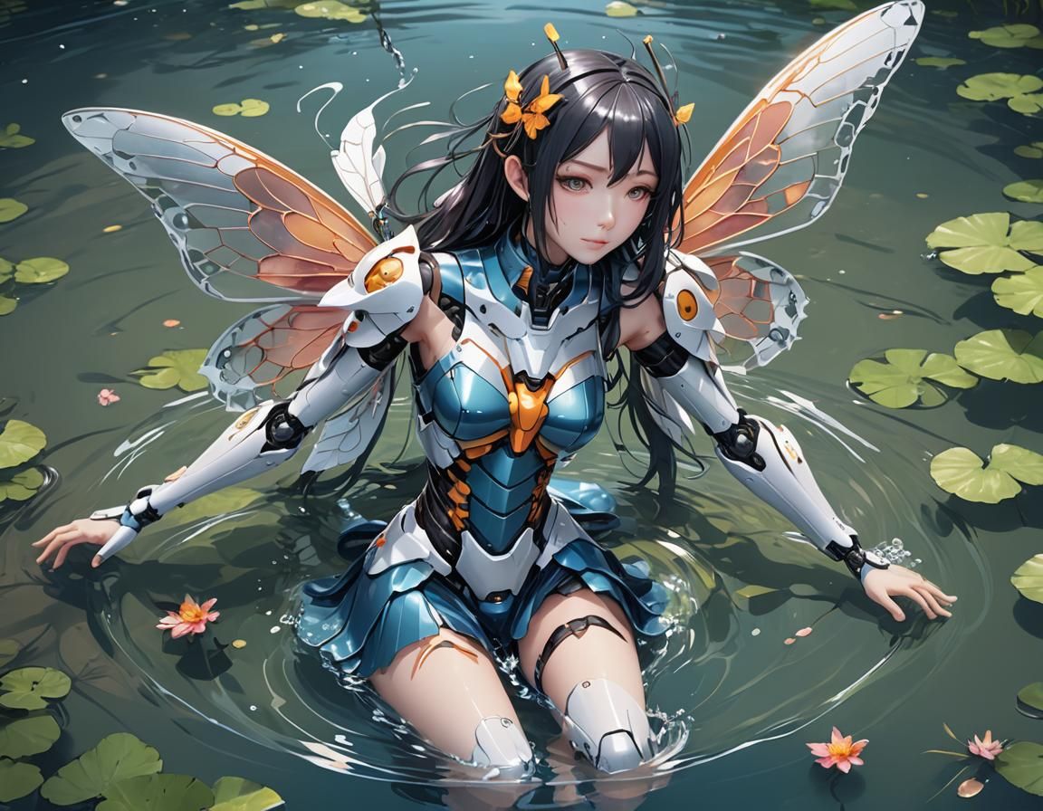 Robot Anime Girl with Butterfly Wings in Water