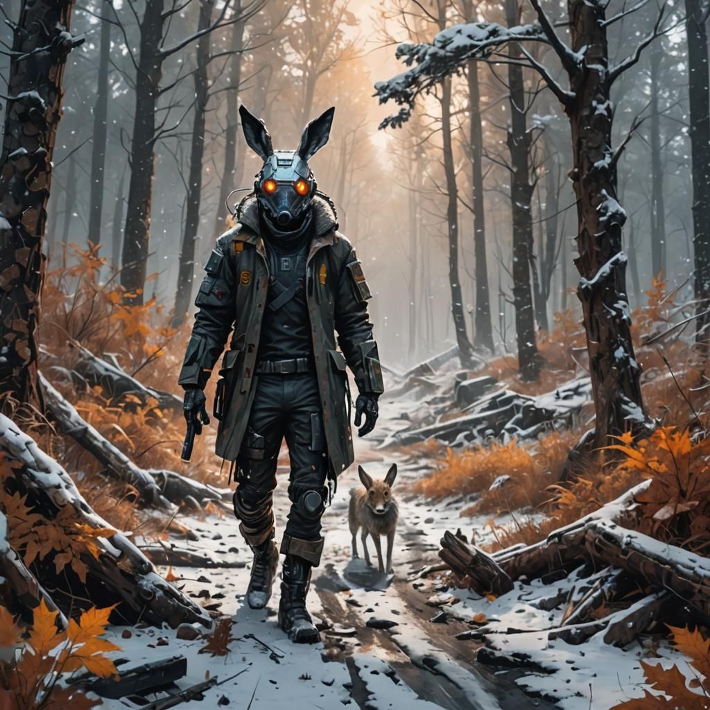 Dystopian Autumn Forest in Winter Snow