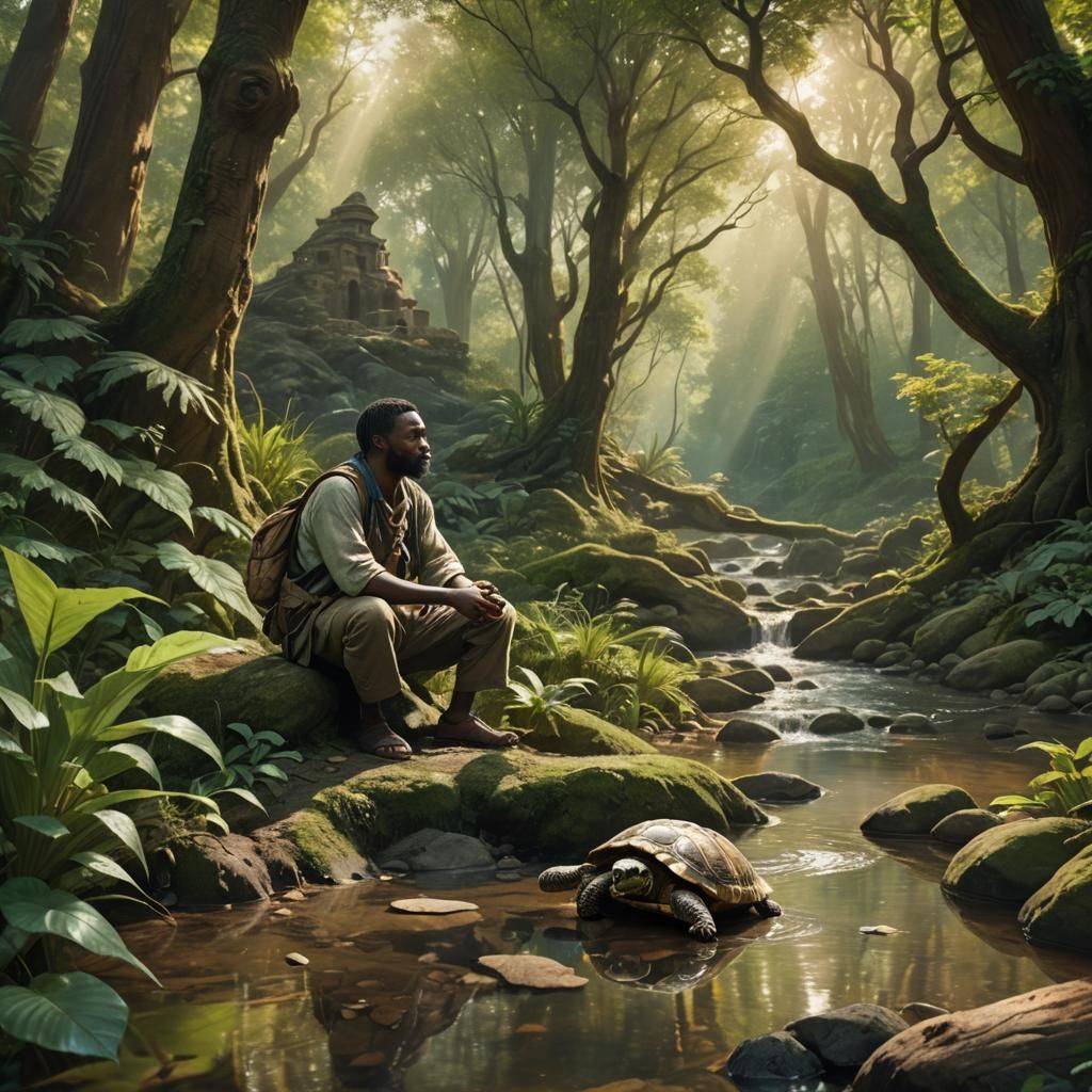 Peaceful Forest Stream with Tortoise: Fantasy Concept Art