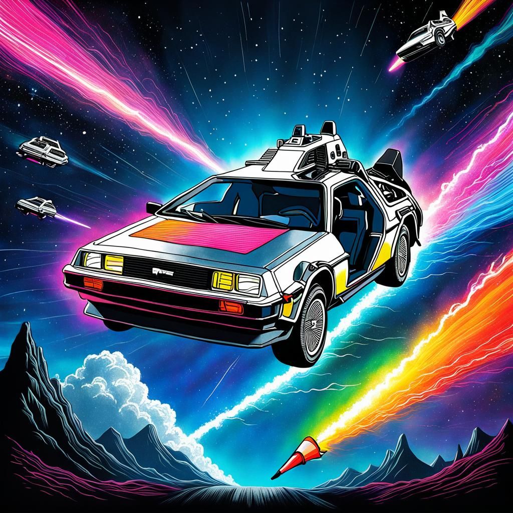 Delorean Time Machine Flying in Space as Crayon Art