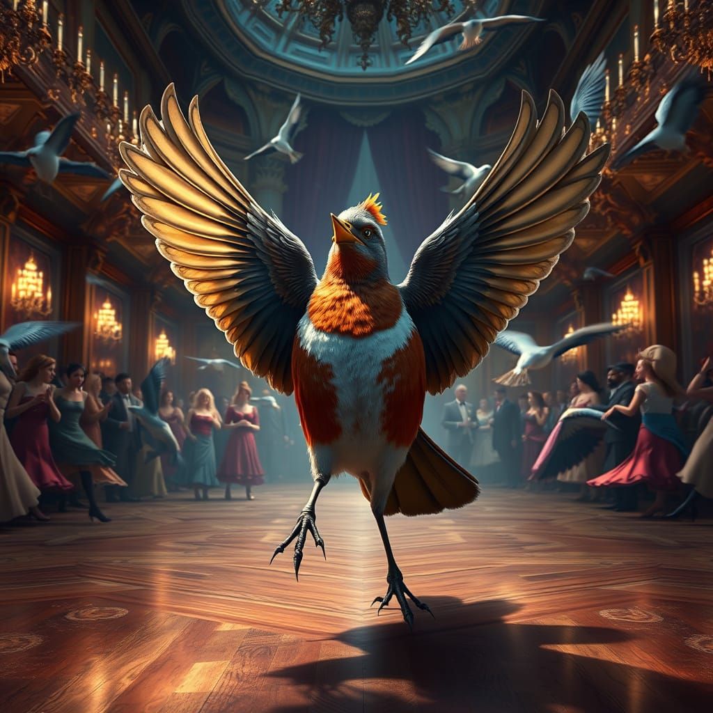 A proud robin bird dancing at the royal ball. wide shot of a lavish ballroom full of dancing birds