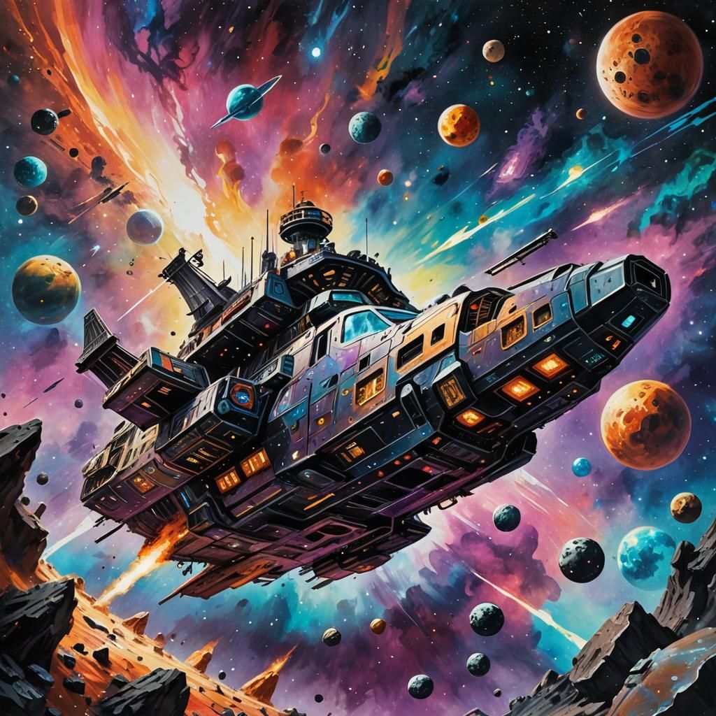 Pirate Spaceship Cruises Asteroid Field in Sci-Fi Art