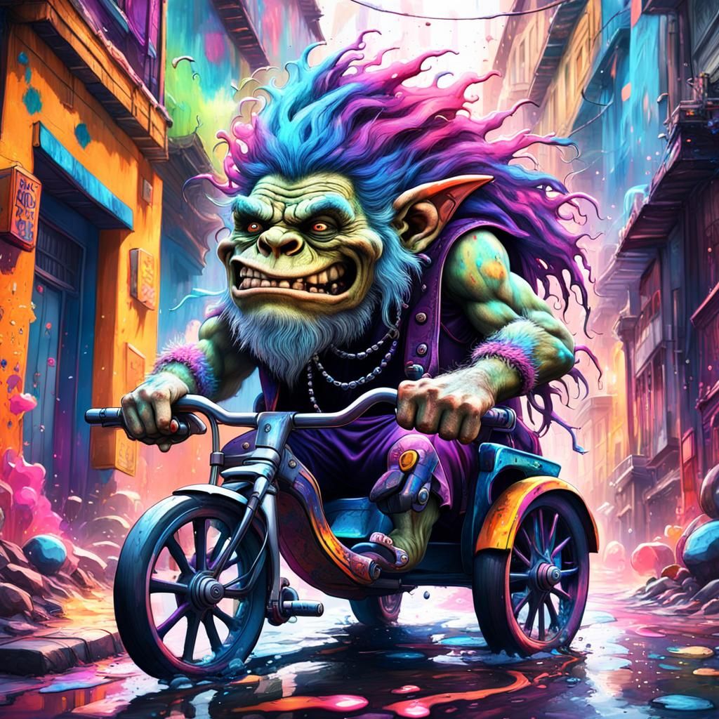 Psychedelic Troll on Trike in Dystopian Alley