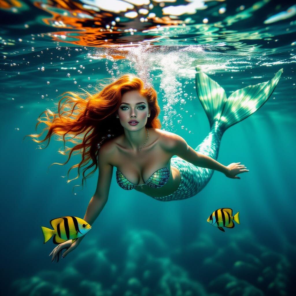 Red Haired Mermaid Undersea Portrait in Hyperrealism