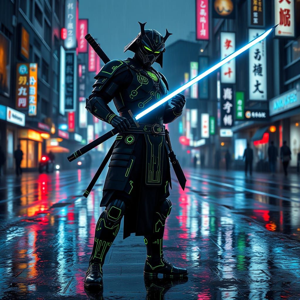 Cyberpunk Samurai Stands Tall in Neon-Lit New Tokyo