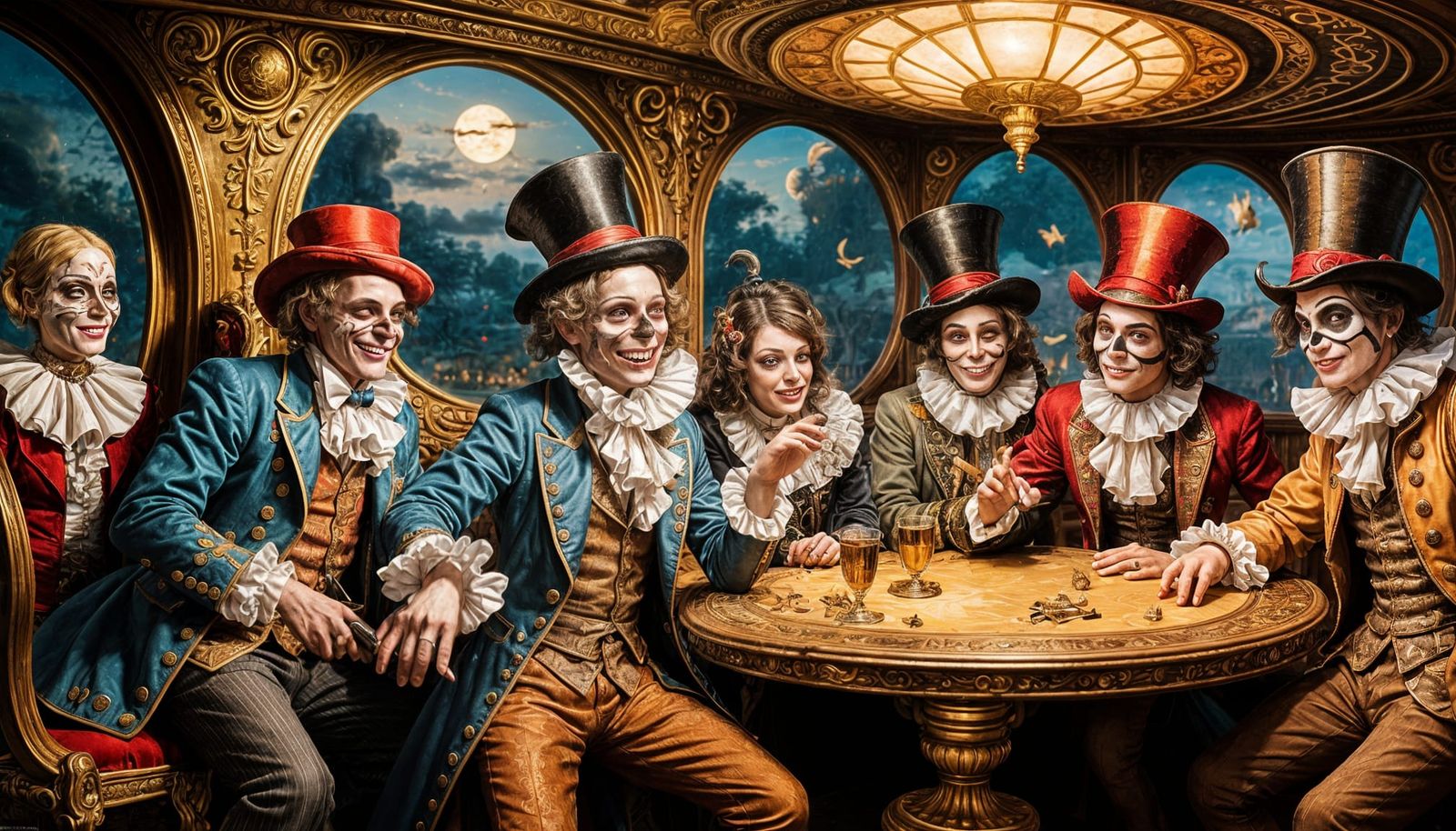 Airship Masquerade Ball with Jesters and Shadows