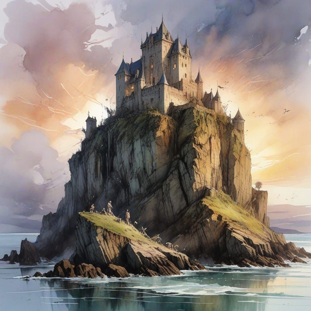 Majestic Castle Illuminated in Stormy Twilight, in Whimsical...