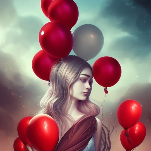 Nostalgic Girl with Red Balloons: Photorealistic Digital Art