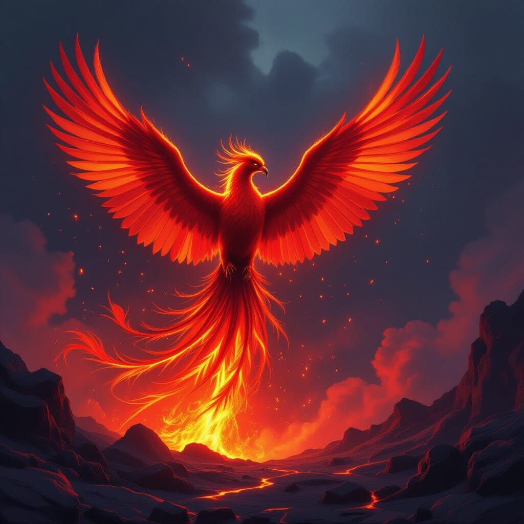 Majestic Phoenix Rising from Volcano in Cinematic Style