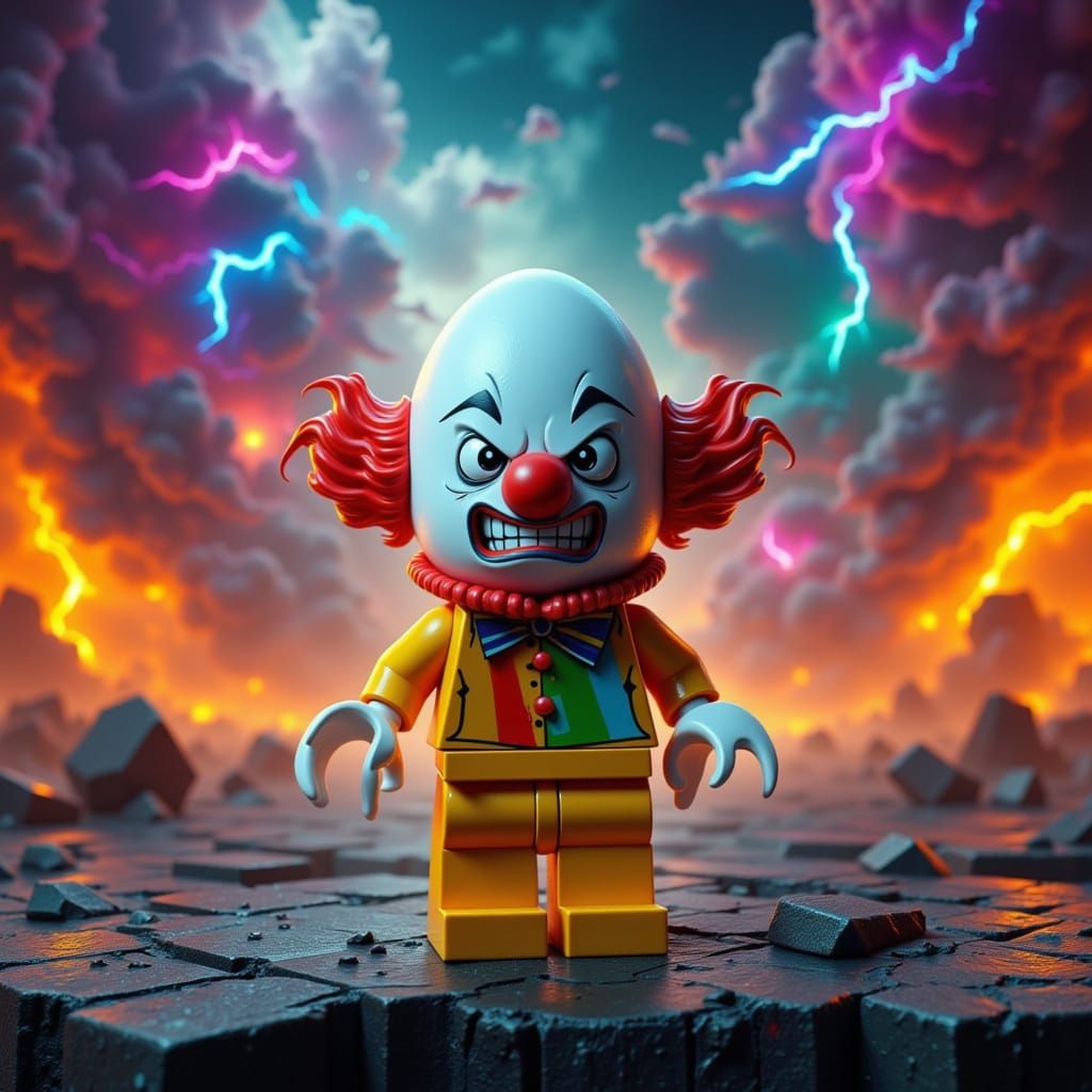 Enraged Lego Clown Egg in a Surreal Scene