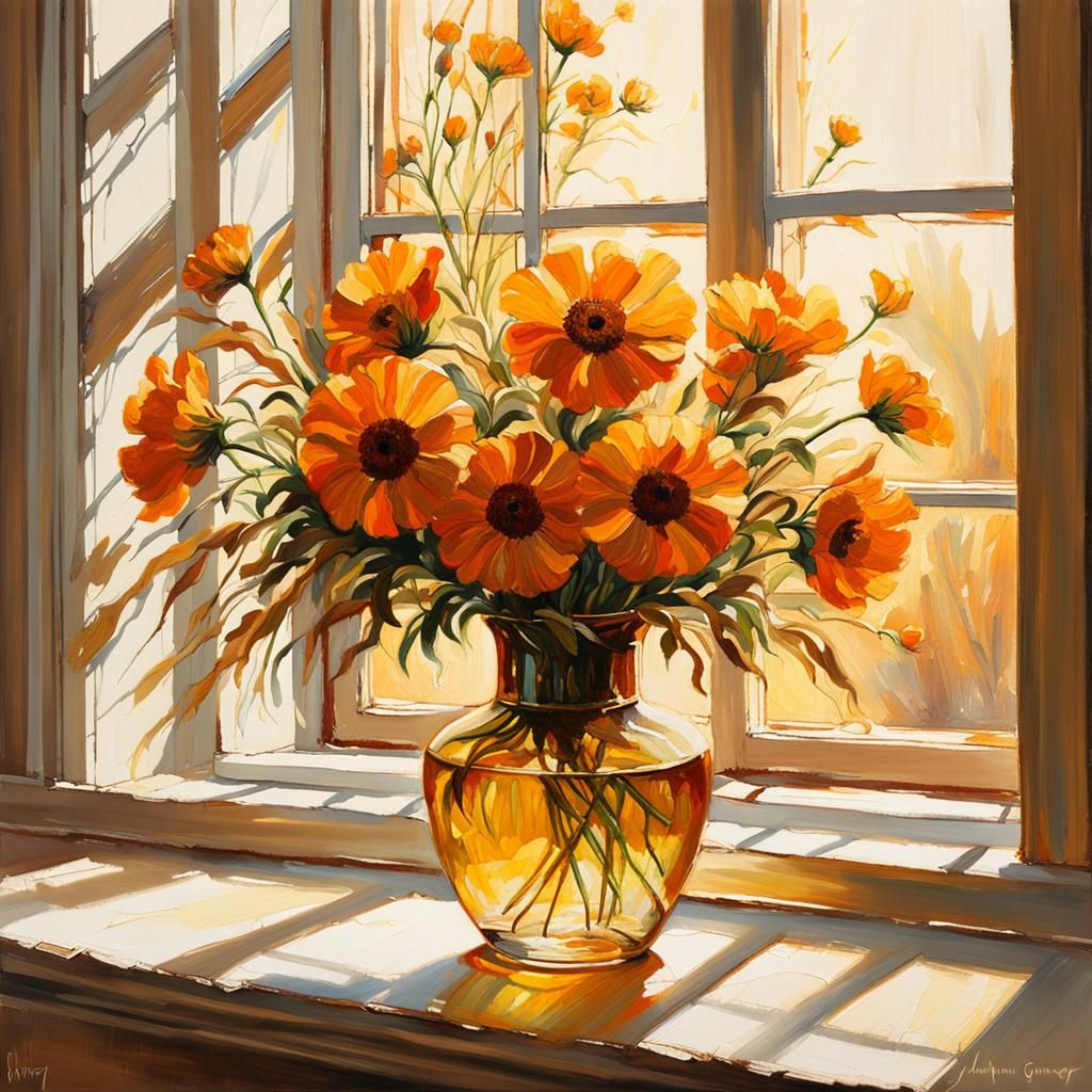 Flower on Windowsill: Impressionist Oil Painting