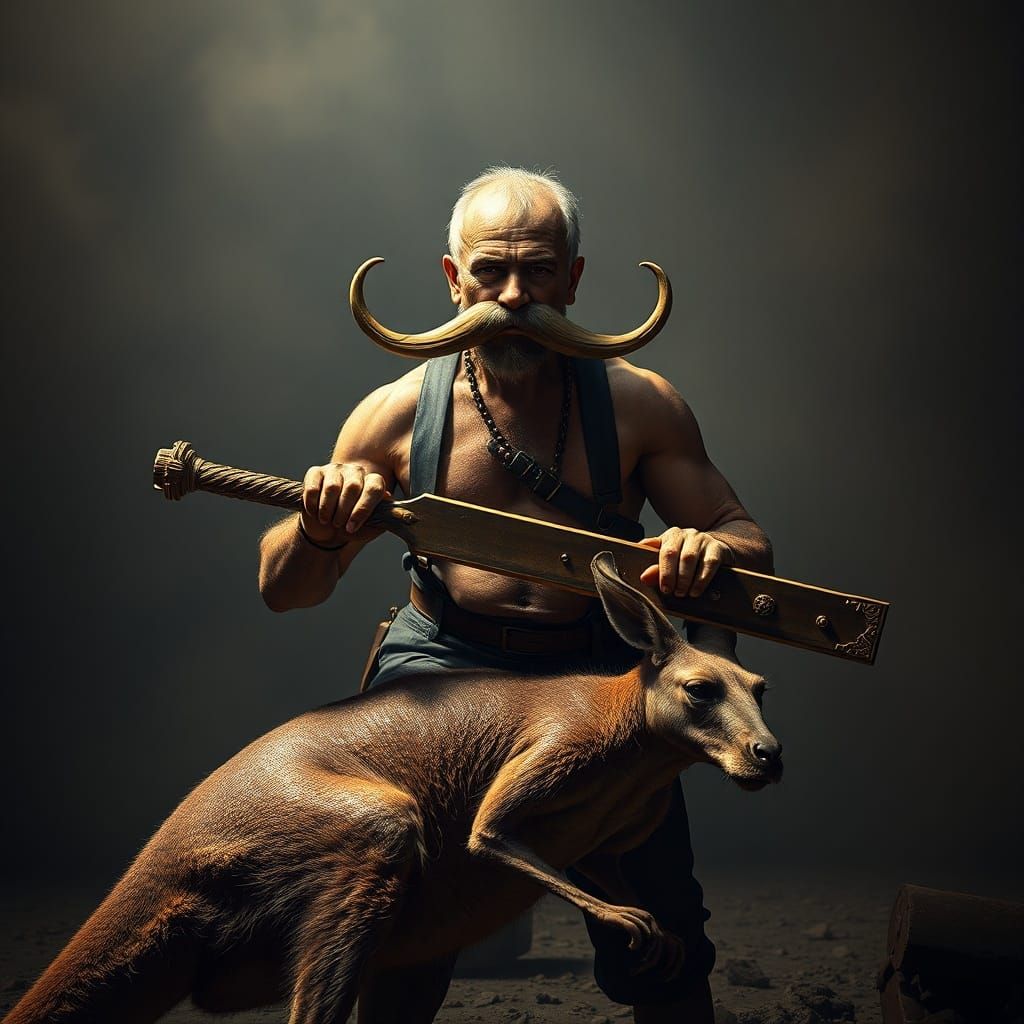 Mustachioed Man With Bango Over Slain Kangaroo