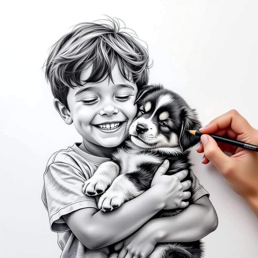 Hyperdetailed Charcoal Drawing of Boy Hugging Puppy