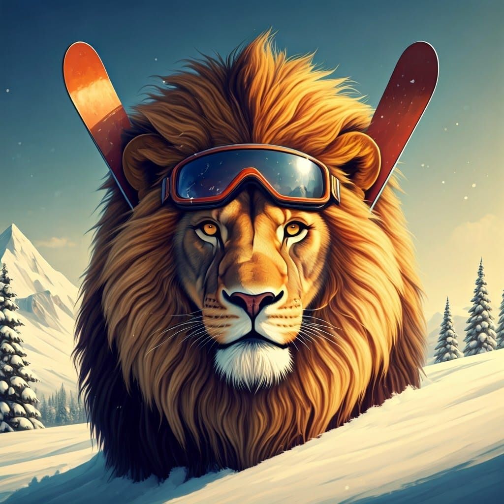 Lion in Ski Goggles: Textured Mane on Snowy Slope