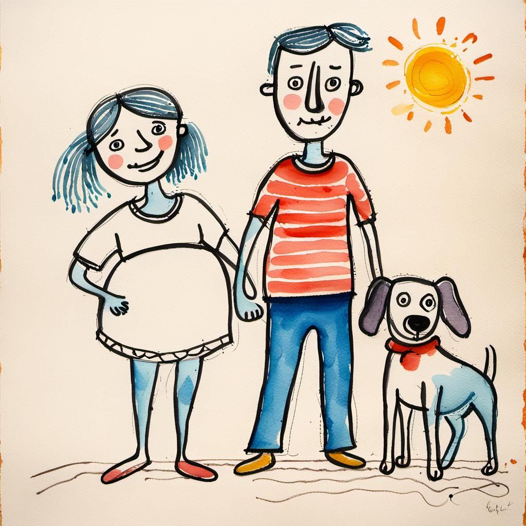 Naive Art: Family Scene with Dog