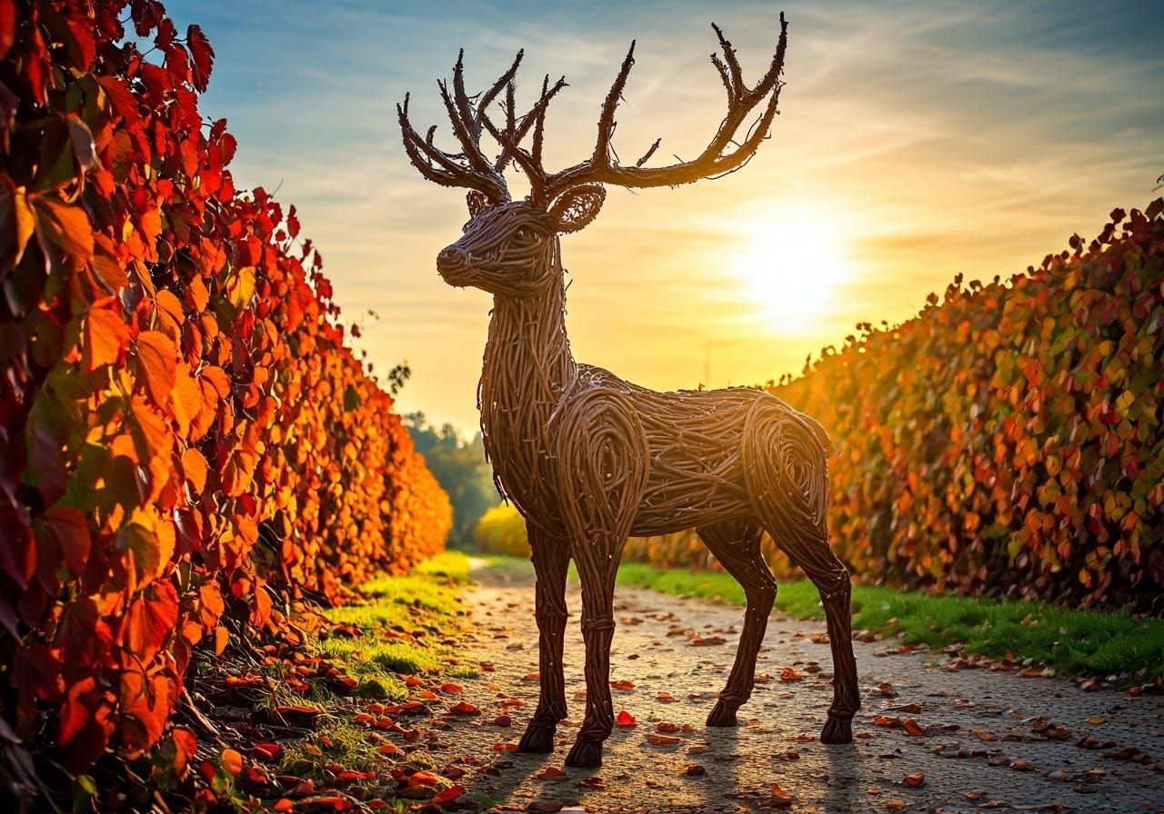 Grapevine Reindeer Sculpture in Autumn Landscape