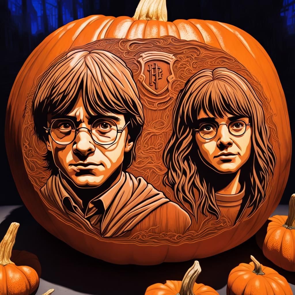 Harry Potter Trio Carved on Halloween Pumpkin