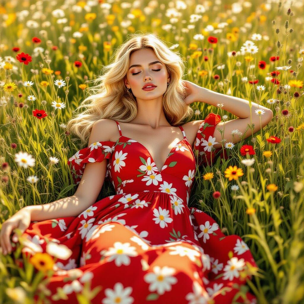 Woman in Red Dress in Flower Meadow, Art Nouveau Style
