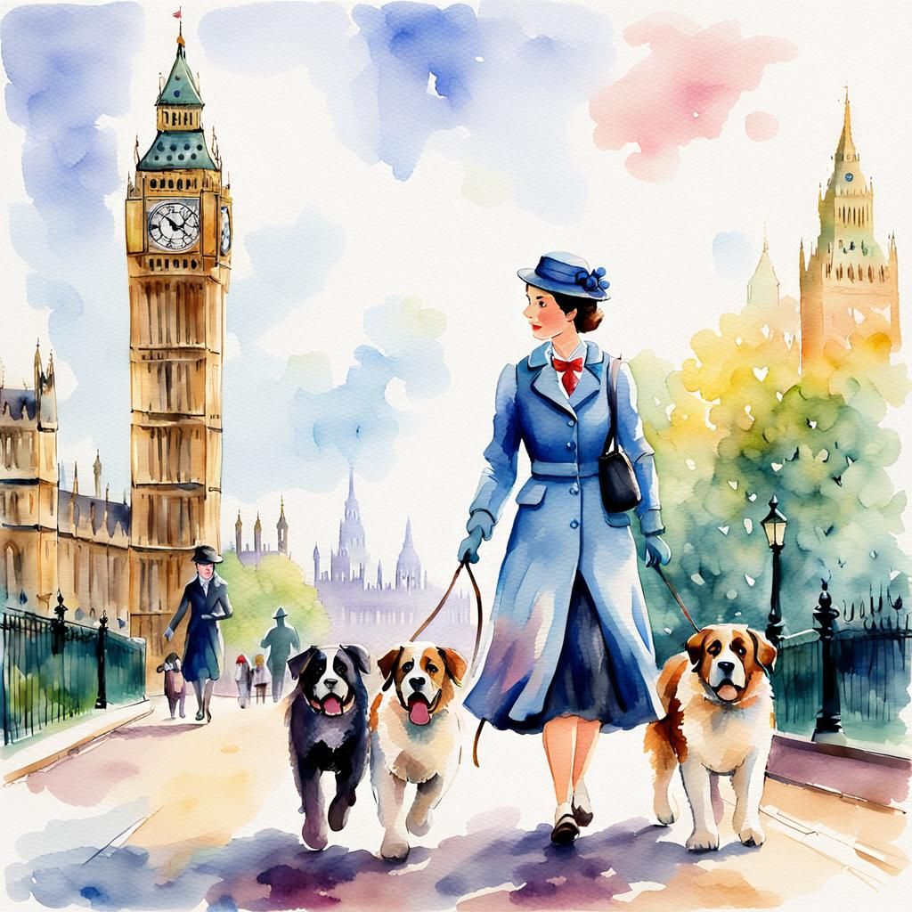 Mary Poppins Walks in London: Watercolor Portrait