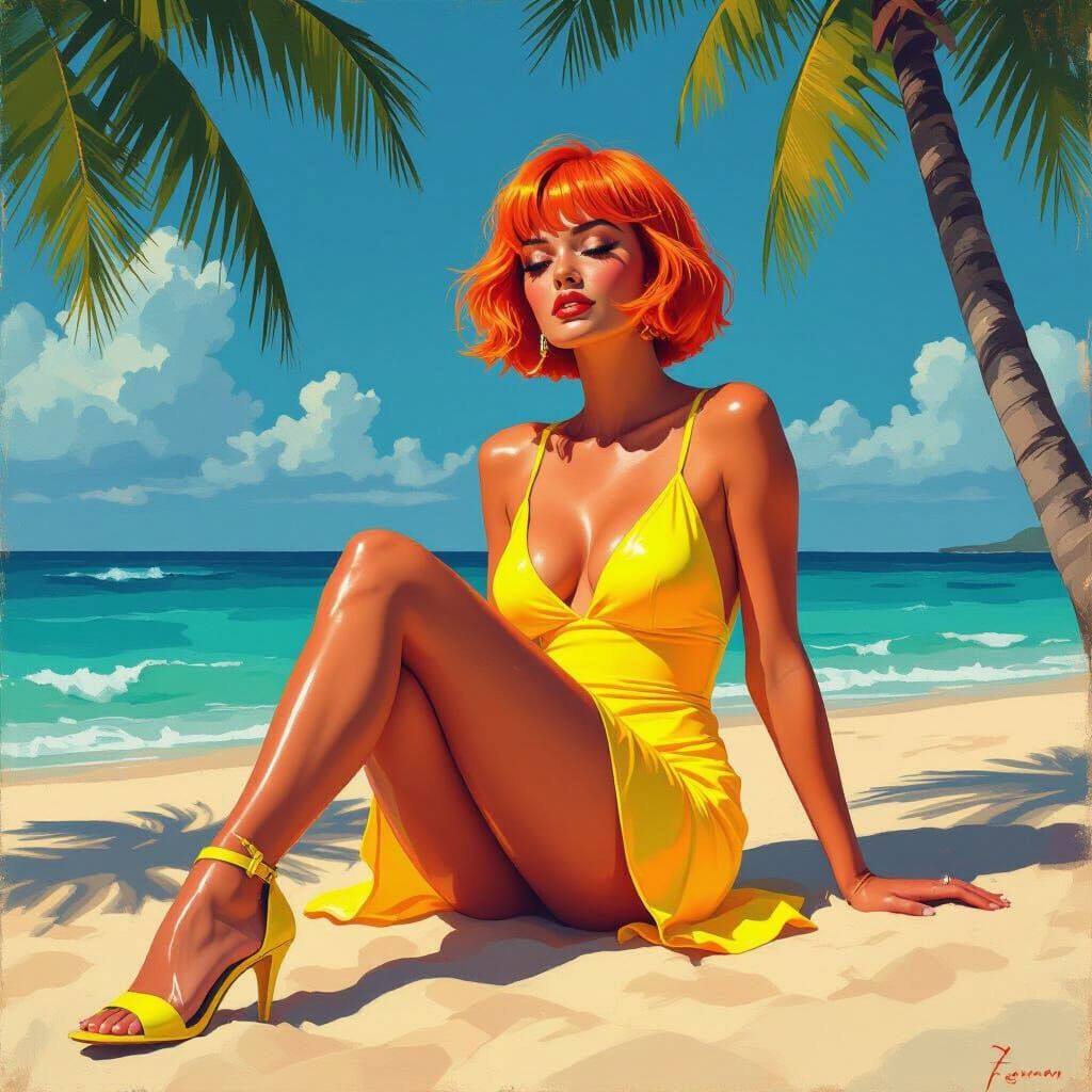 Sassy Lady Relaxing on Beach as Oil Painting