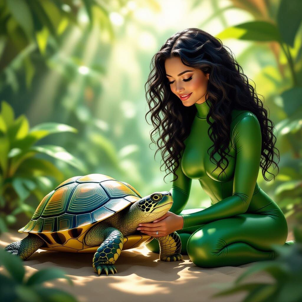 Woman Adoringly Gazes at Smiling Turtle in Terrarium