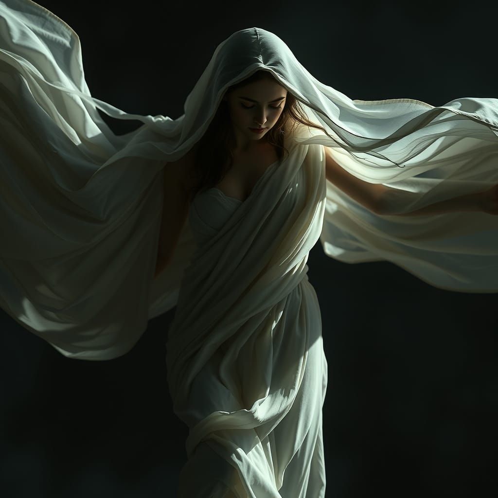 Goddess in Flowing Fabrics: Cinematic Photorealistic Art