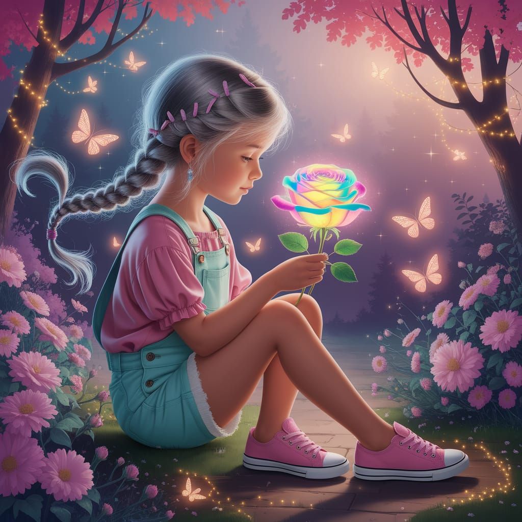 Fairytale Girl with Rainbow Rose in Enchanted Forest