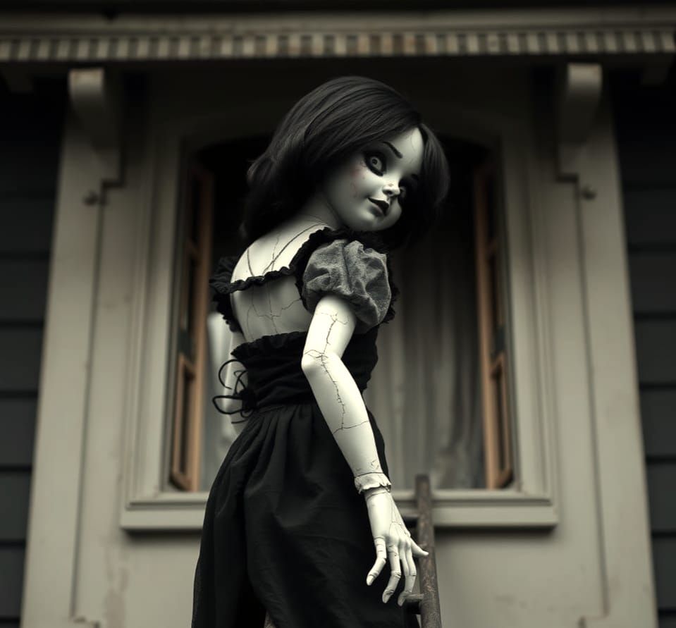 Creepy Porcelain Doll Descending from Dark Window