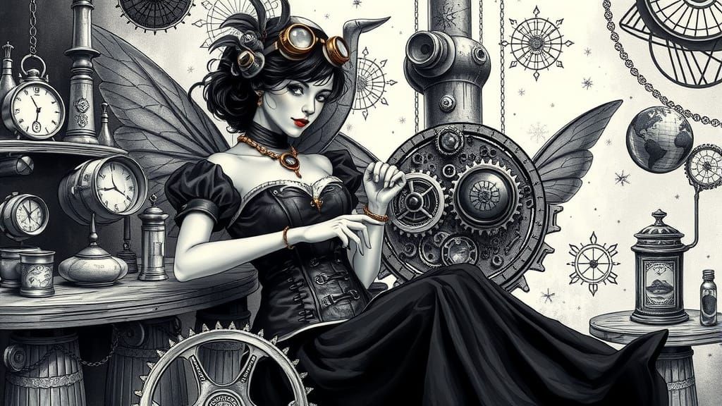 Within The Great  Duex  Ex Machina  Steampunk Fairy Godmother  tends to the gears of Divine Intervention,   great machin...