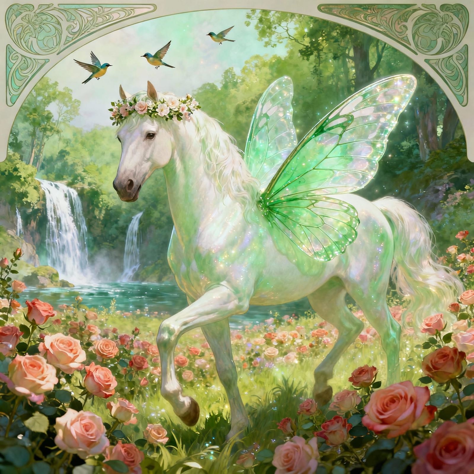 Pearl White Horse with Butterfly Wings in Rose Field