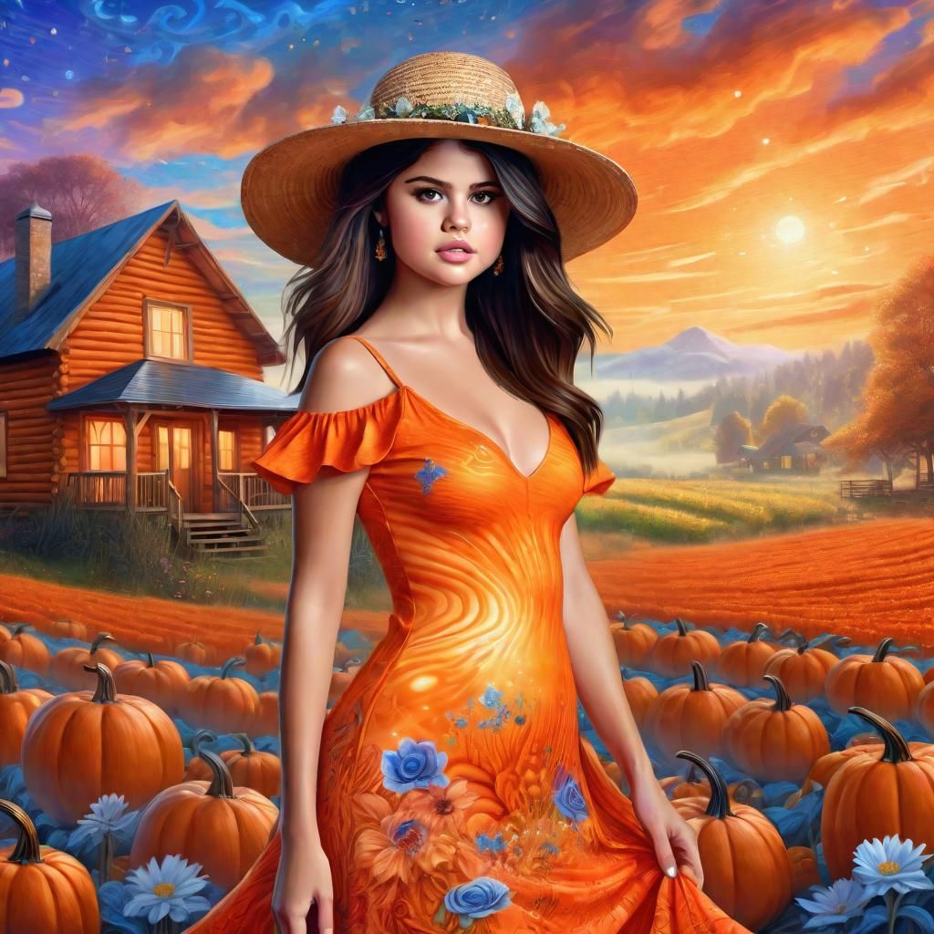 Woman in Floral Hat Among Pumpkins, Fantasy Art