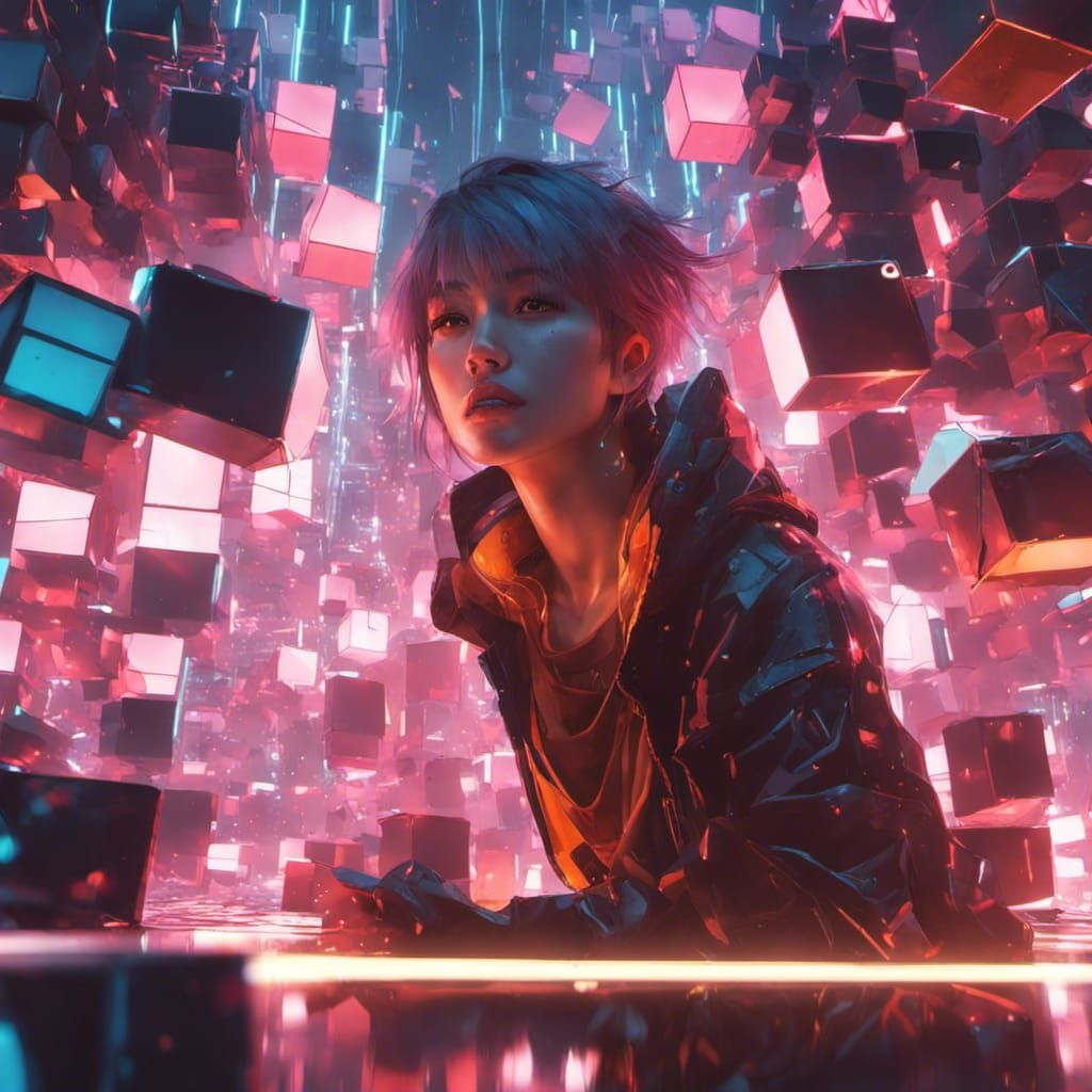 Cyberpunk Girl Surrounded by Luminescent Cubes