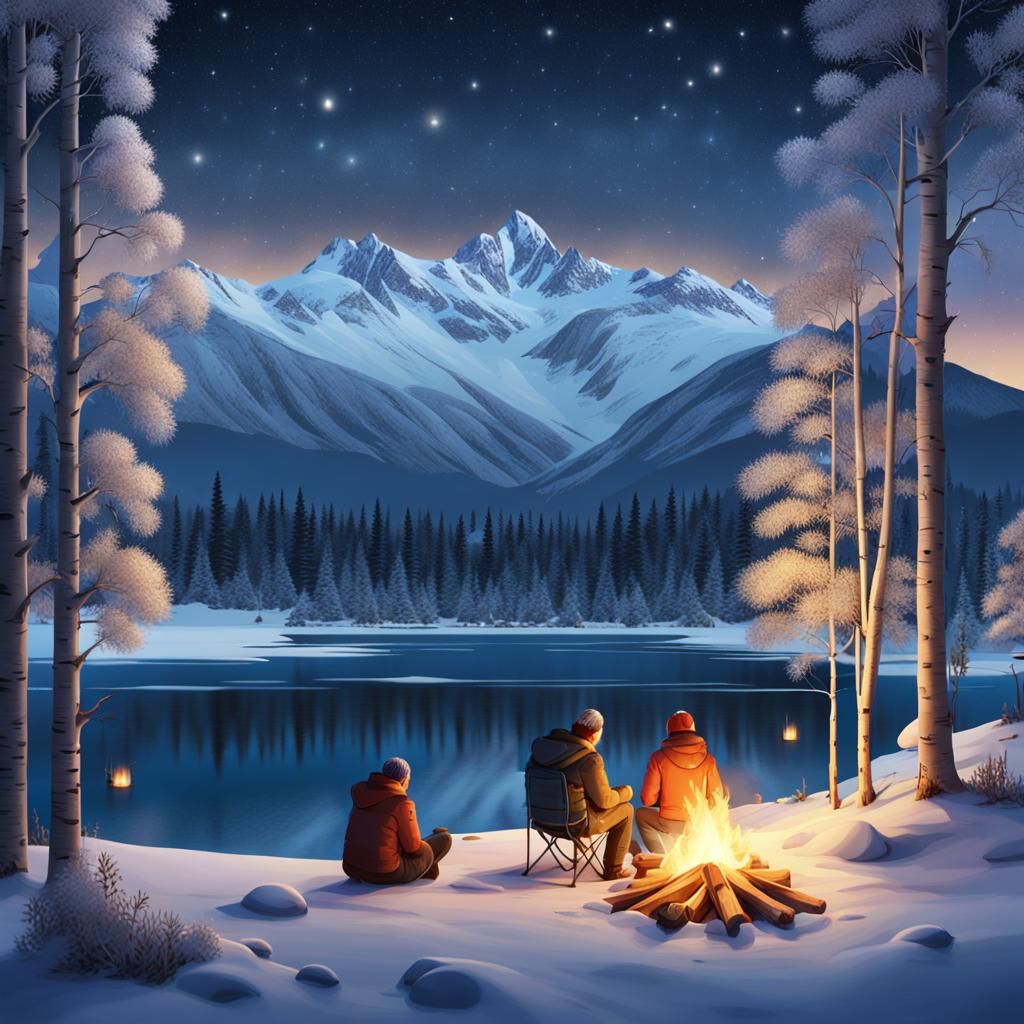 Winter Campfire Under the North Star in 3D