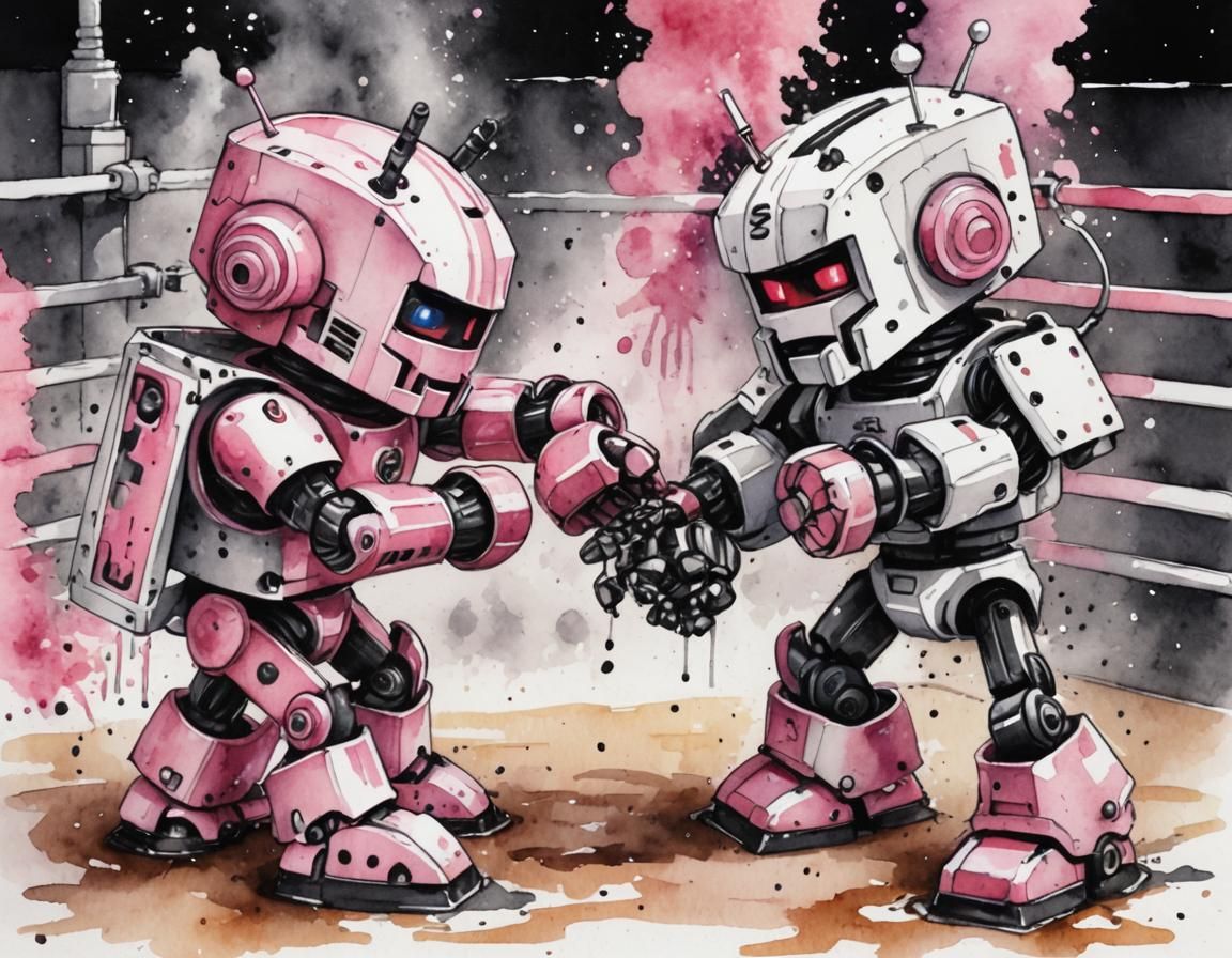 Chibi Robots Boxing in Watercolour Style