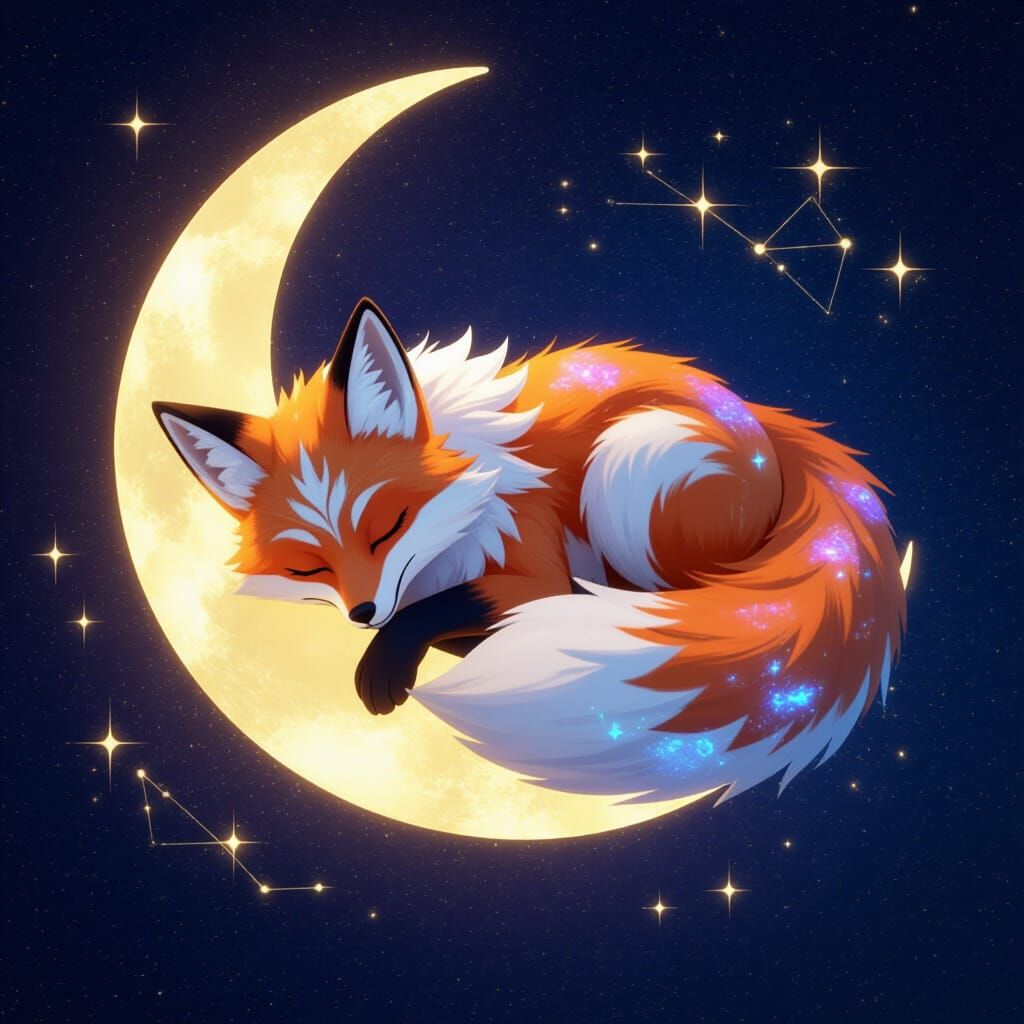Celestial Fox Asleep on Moon in 3D Anime Style