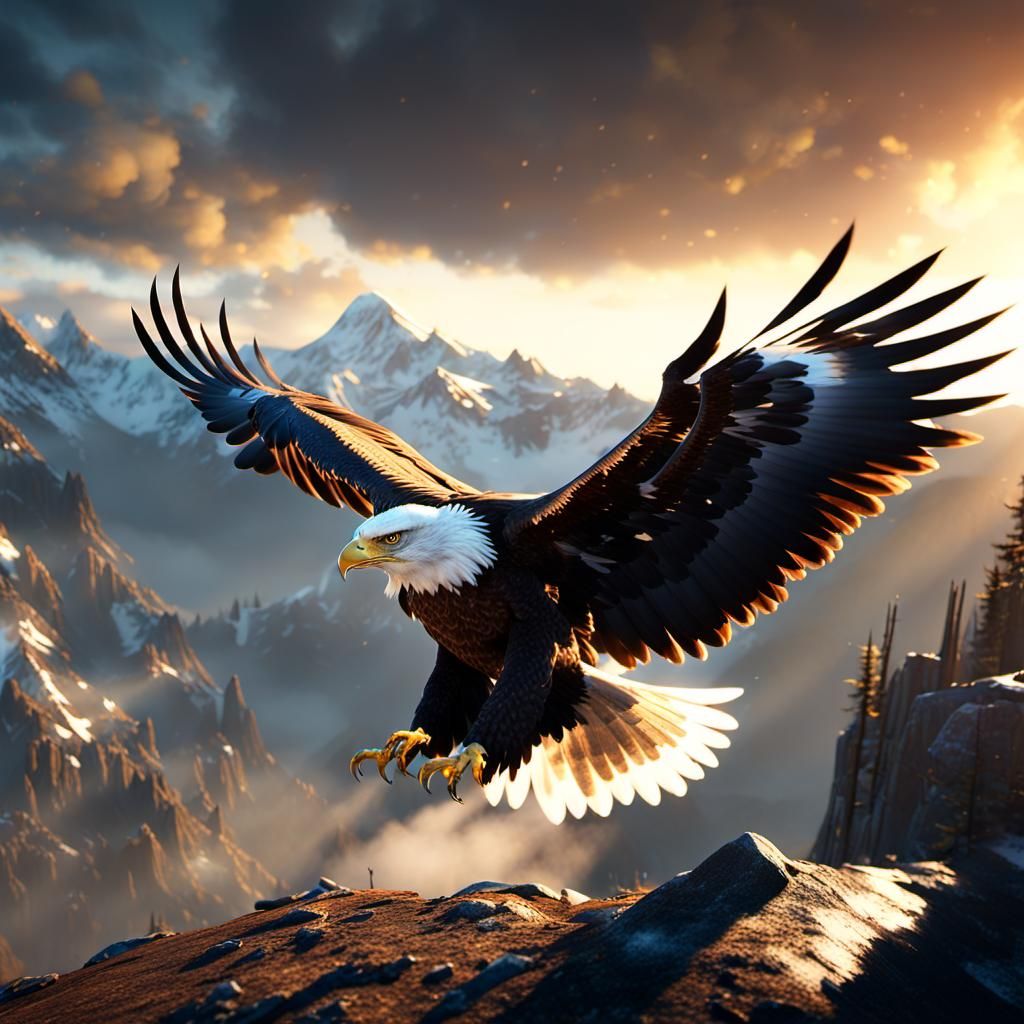 Majestic Eagle Soaring Through Golden Mountain Landscape