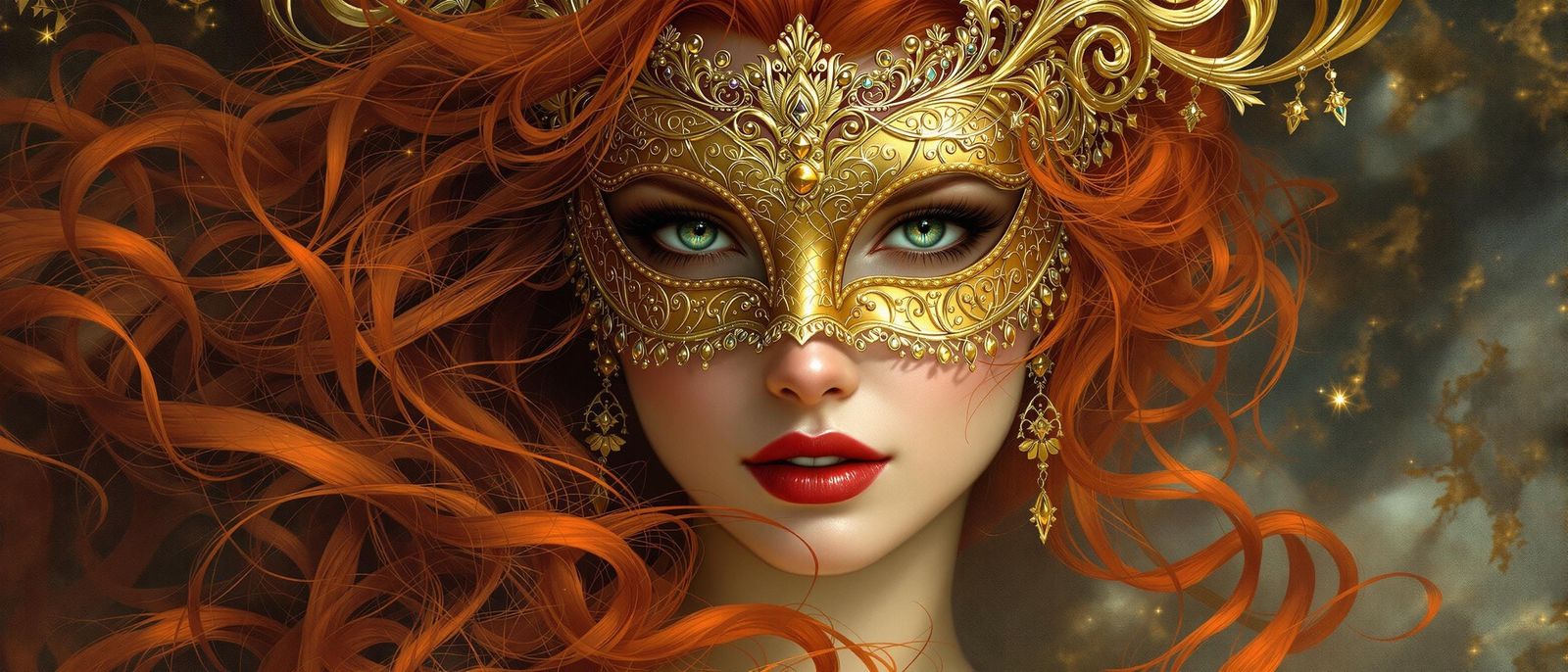 Ethereal Red Haired Siren in Golden Masquerade