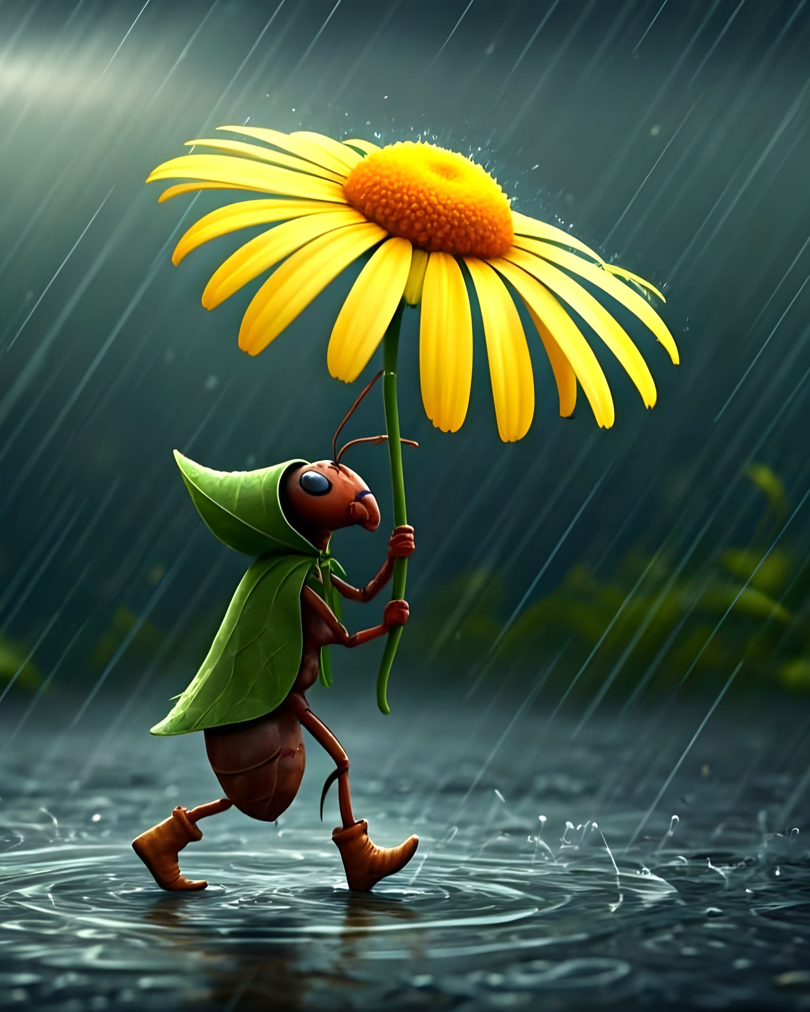 A Tiny Ant's Brave Adventure in the Rain