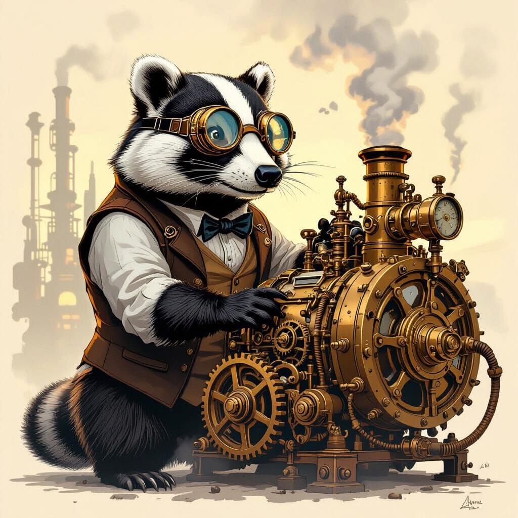 Steampunk Badger Operating Ornate Engine in Sepia Tones