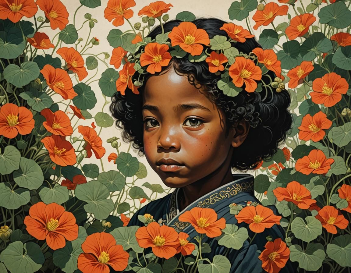 Black Child Surrounded by Flowers in Ukiyo-e Style