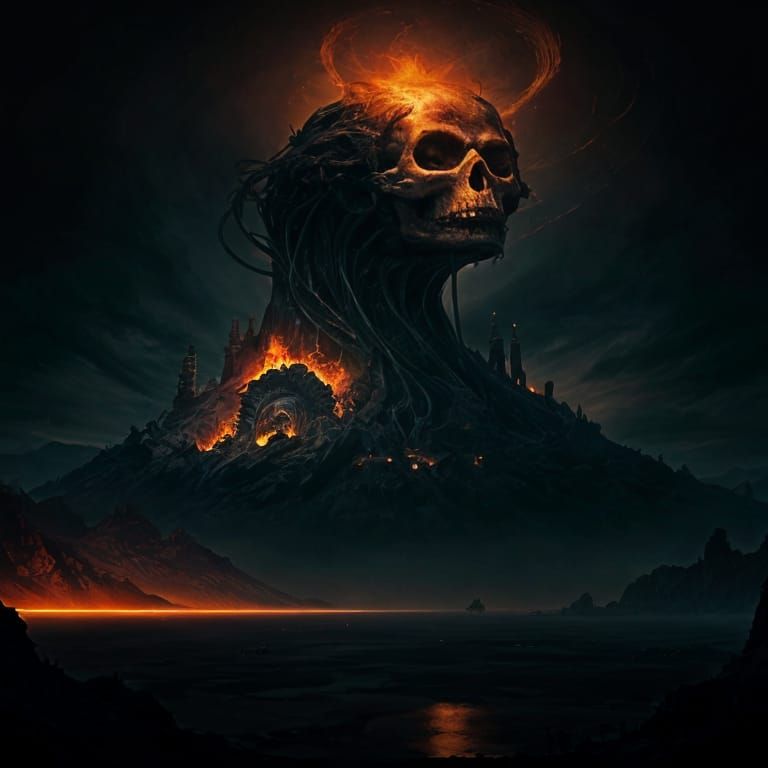 Flaming Skull Floats Over Hill in Digital Painting