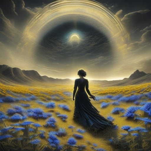 Sunlit Cornflower Fields with Distant Uplands in Eau Forte o...