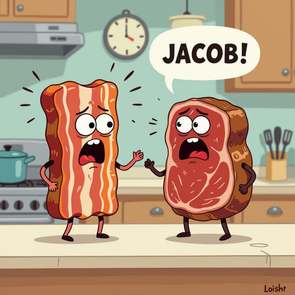 Bacon and Steak Yell at Jacob in Cartoon Style