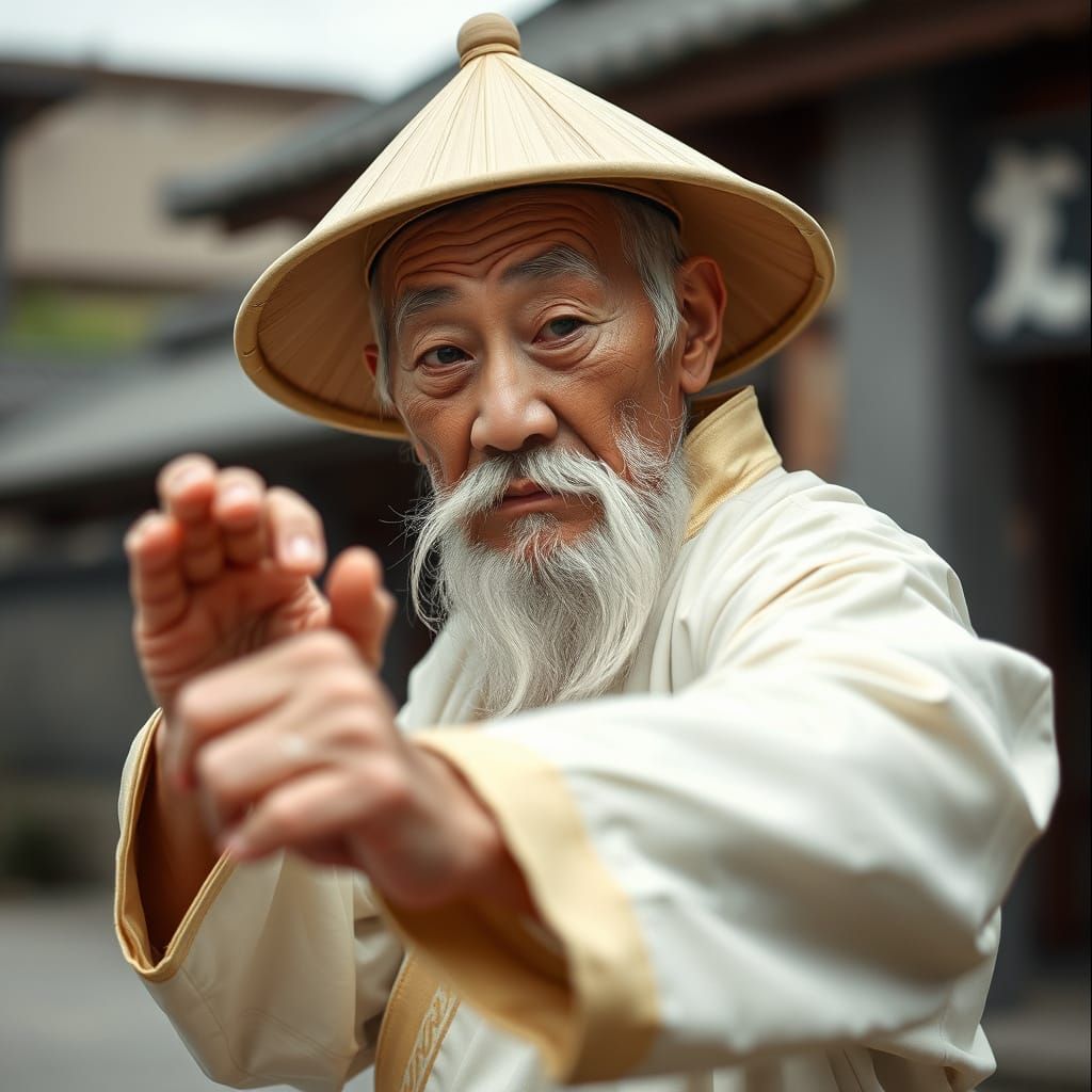 Elderly Asiatic Master Wu in Dynamic Karate Stance