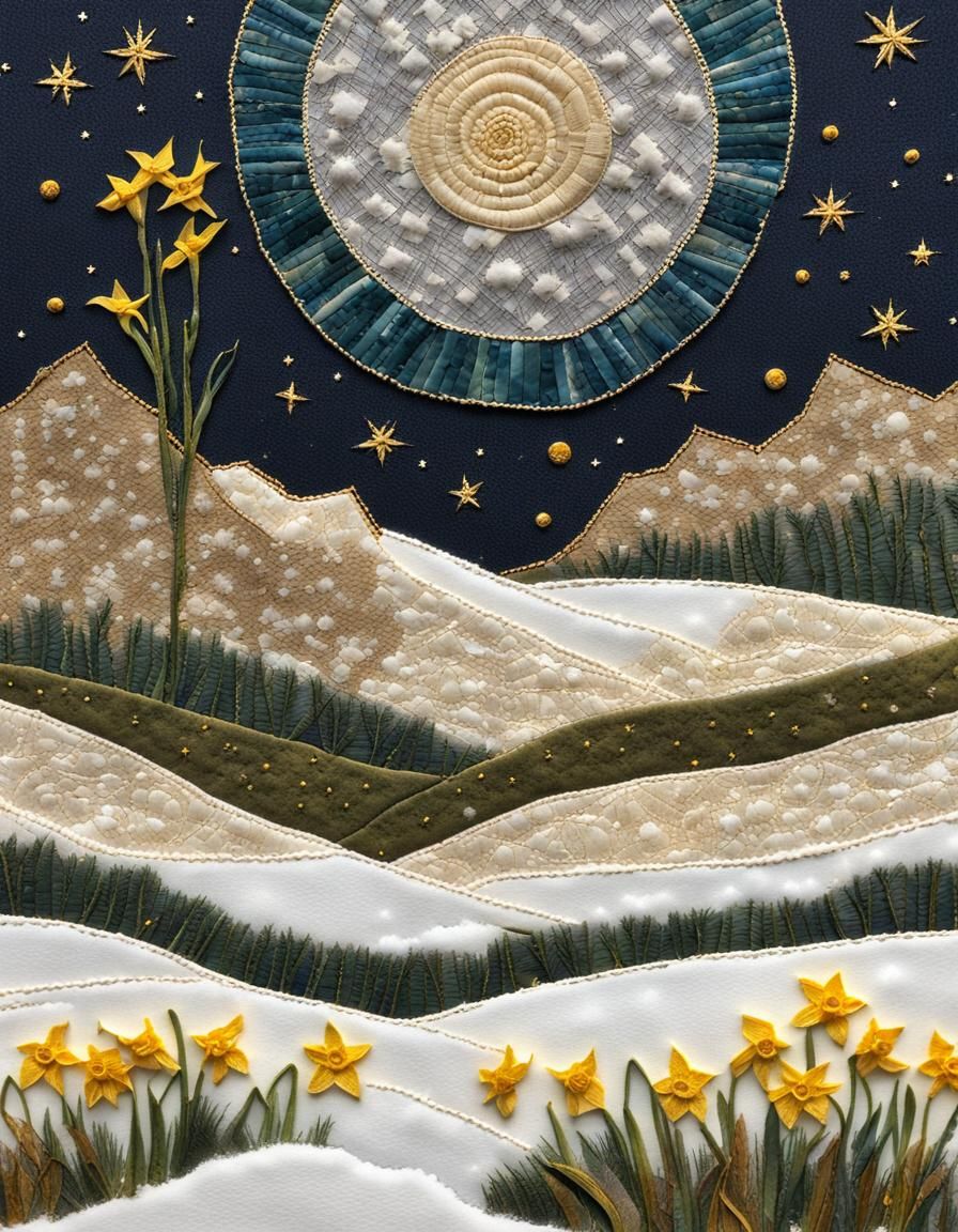 Fabric Collage of Daffodils in Snow with Embroidery
