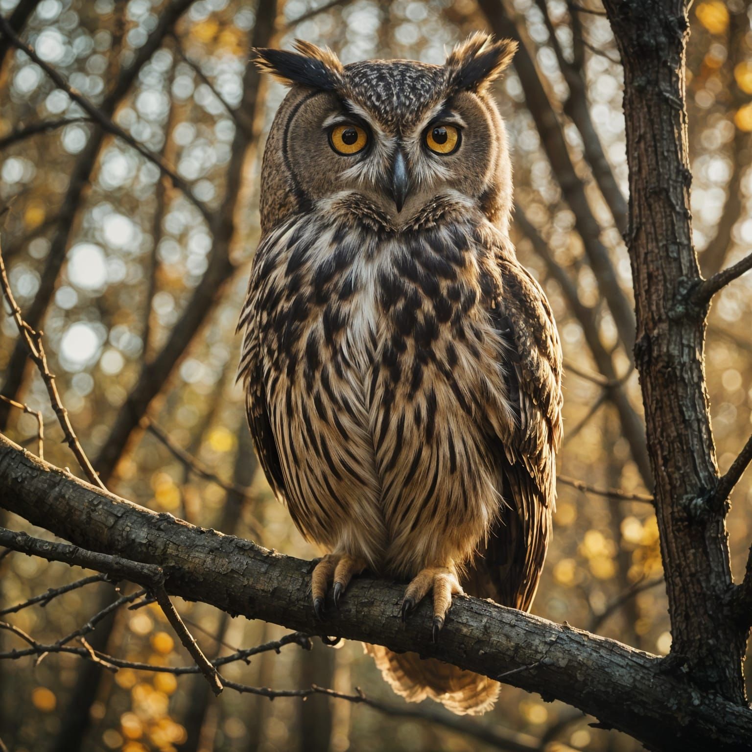 Owl Perched on Branch in Golden Hour Light