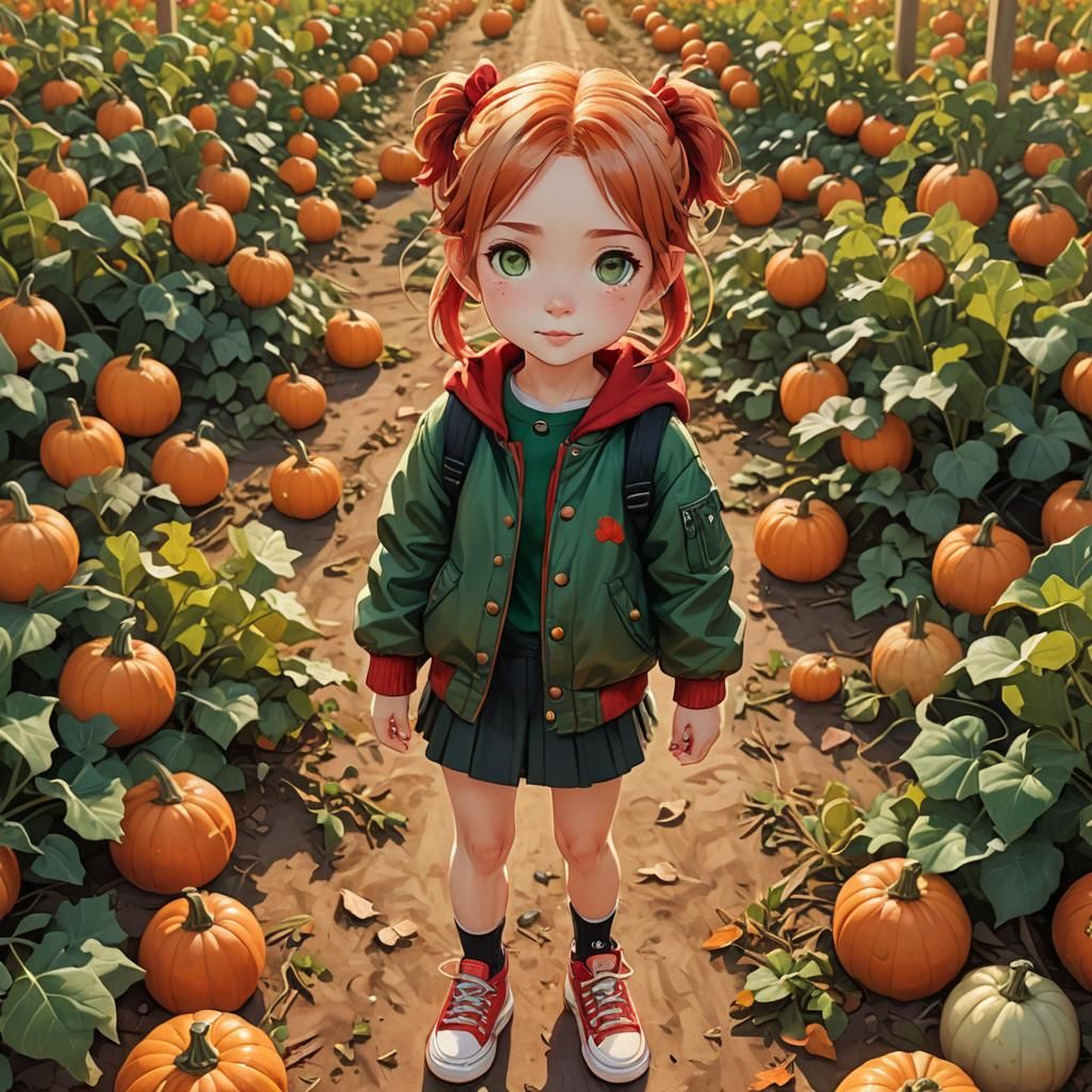 Chibi Girl in Pumpkin Patch: Photorealistic Digital Portrait